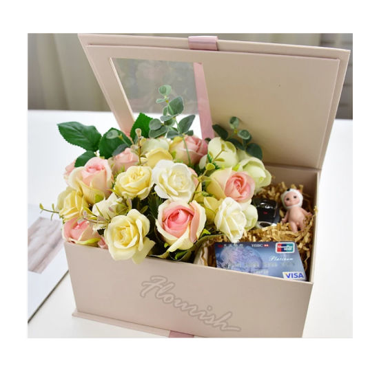 Boîte en carton d'emballage de cadeau de fleur de rose romantique avec fenêtre transparente